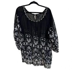 Lane Bryant Pleated Floral 3/4 Sleeve Top Braided Collar Women 18/20 Black